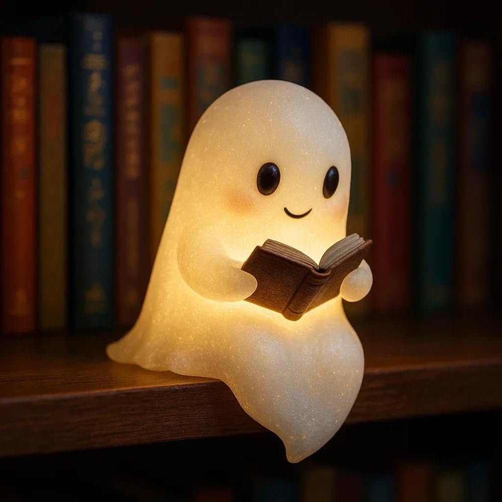 Lámpara de libro de lectura fantasma hecha a mano, luz nocturna de Halloween suave y brillante, decoración LED fantasma portátil para dormitorios, salas de estudio y lectores, bonito regalo de luz de