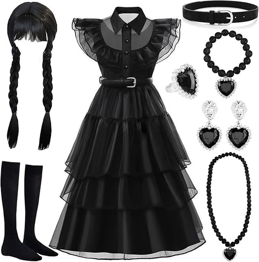 Disfraz Halloween para Niña, 8pzs. Halloween Disfraz Vestido con Peluca y Accesorios de Joyería, Vestido Costume Niña 4-5 Años para Cumpleaños halloween Carnaval Cosplay Fiesta, 110cm