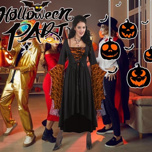 Disfraz de Halloween para Mujer | Vestido De Terror Halloween Para Mujer,Conjunto Renacentista Con Encaje Estampado De Calaveras Para Eventos De Disfraces Y Teatro