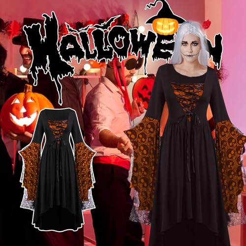 Disfraz de Halloween para Mujer | Vestido De Terror Halloween Para Mujer,Conjunto Renacentista Con Encaje Estampado De Calaveras Para Eventos De Disfraces Y Teatro