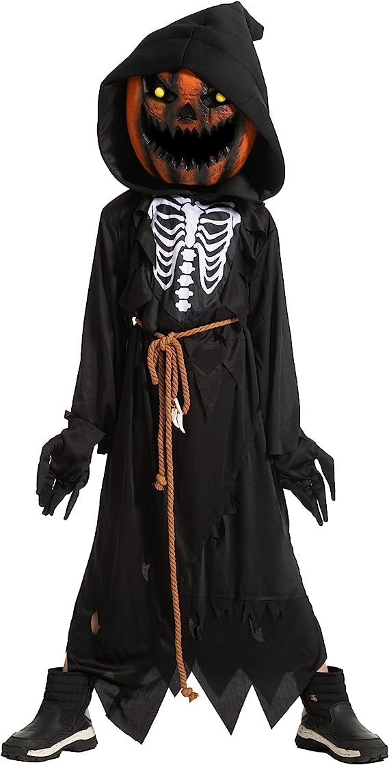 Disfraz de espantapájaros y calabaza para niño de Halloween con cabeza de calabaza para cosplay y juegos de rol (extragrande (12-14 años))