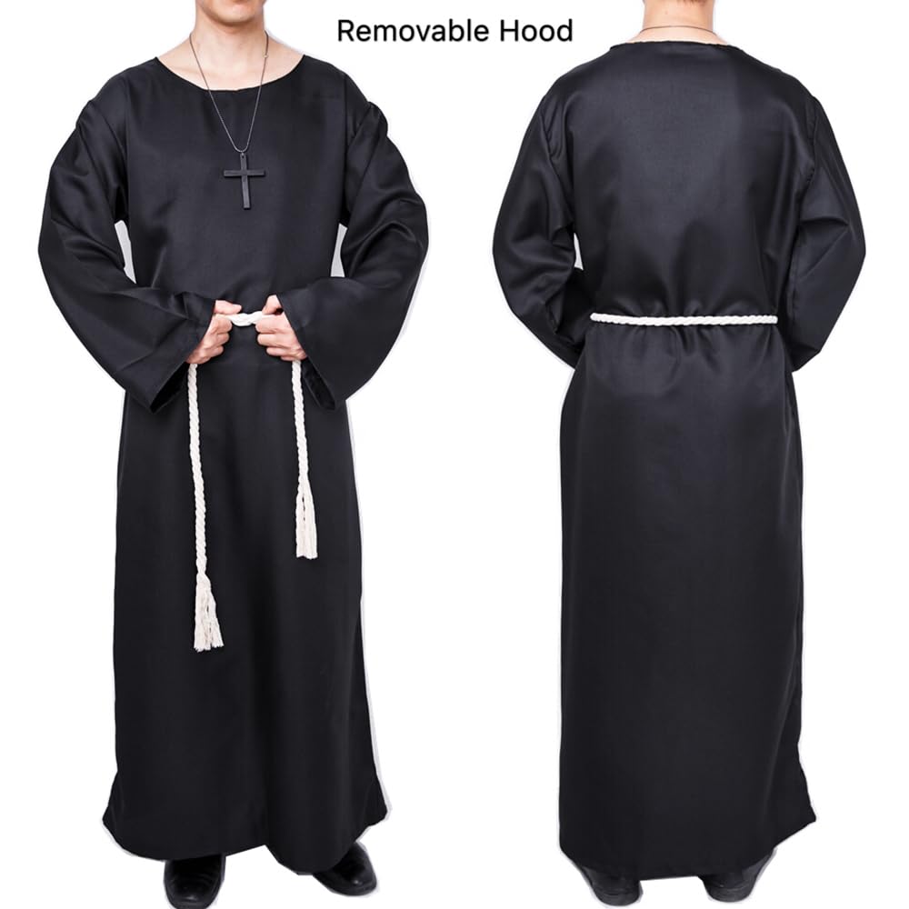 Disfraz de Monje Sacerdote Túnica Medieval Renacimiento Traje con Cruz para Halloween Carnaval (Negro, XL)