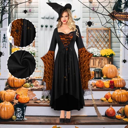Disfraz de Halloween para Mujer | Vestido De Terror Halloween Para Mujer,Conjunto Renacentista Con Encaje Estampado De Calaveras Para Eventos De Disfraces Y Teatro
