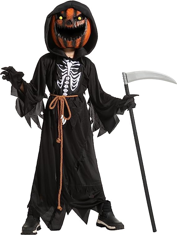 Disfraz de espantapájaros y calabaza para niño de Halloween con cabeza de calabaza para cosplay y juegos de rol (extragrande (12-14 años))