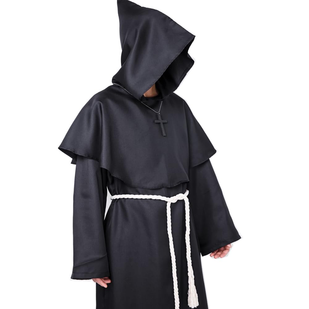 Disfraz de Monje Sacerdote Túnica Medieval Renacimiento Traje con Cruz para Halloween Carnaval (Negro, XL)