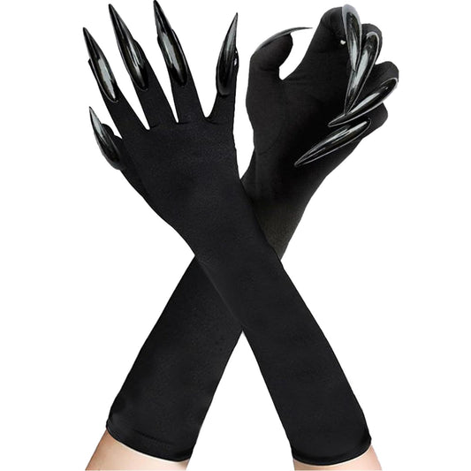 Disfraz 1 Pares Guantes Uñas Largas, Guantes Halloween, Guantess con Uñas Largas, Guantess Largos Negros, Guante Negros Largos Mujer, Guante Garras para Halloween, Cosplay, Carnaval, Mascarada