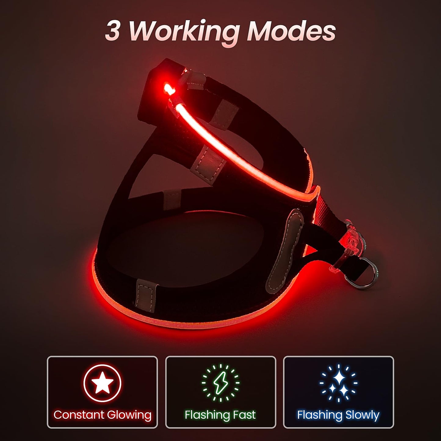 Arnés Luminoso para Perros Pequeño, Cómoda ArnéS LED Perro Recargable 3 Modos Arnés Perro Luz Reflectante para Mascotas Pequeñas, Negro Rojo-L