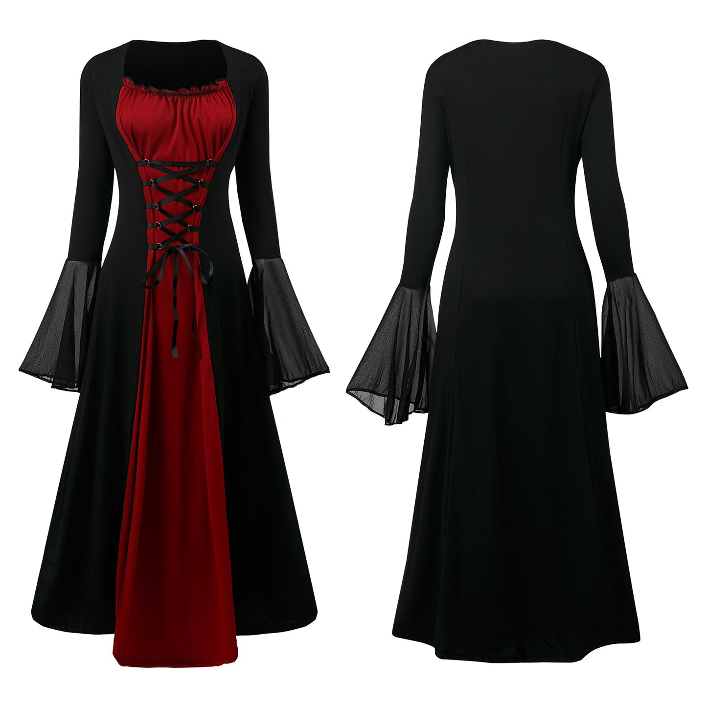 Disfraz Vestido medieval para mujer, disfraz renacentista, victoriano, con mangas de trompeta, con corsé, para Halloween (modelo 2, M)
