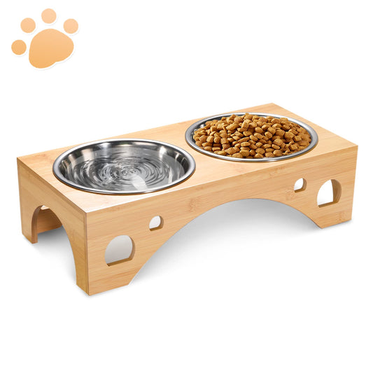MMcRRx Comedero Perro Elevado 2 * 1100ML, Plato Perro Elevado Grande de Acero Inoxidable, Comedero Doble Alto Platos con Bambú Soportes