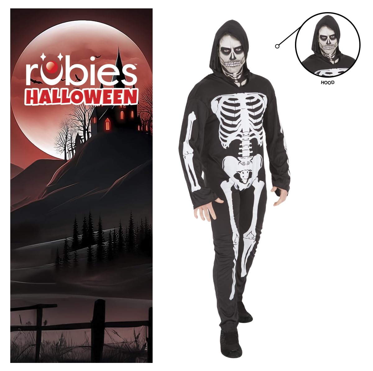 Disfraz Esqueleto para Adulto, Jumpsuit Impreso con Capucha, Oficial Rubies para Halloween, Carnaval, Fiestas, Cumpleaños