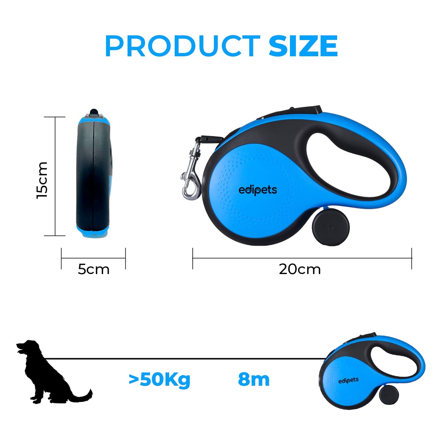 Correa Perro Extensible, Retráctil, 8 Metros, Incluye Dispensador de Bolsas, Cinta Flexible para Adiestramiento y Paseo, para Perros Pequeños, Medianos y Grandes (Azul, 8 Metros)