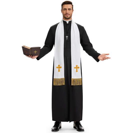 Disfraz Cura Hombre, Disfraz Halloween Hombre Adulto, Disfraz de Cura Hombre con Estola, Cadena con Cruz, Cinturón y Caja para Guardar la Biblia para Halloween Carnaval Cosplay (L)