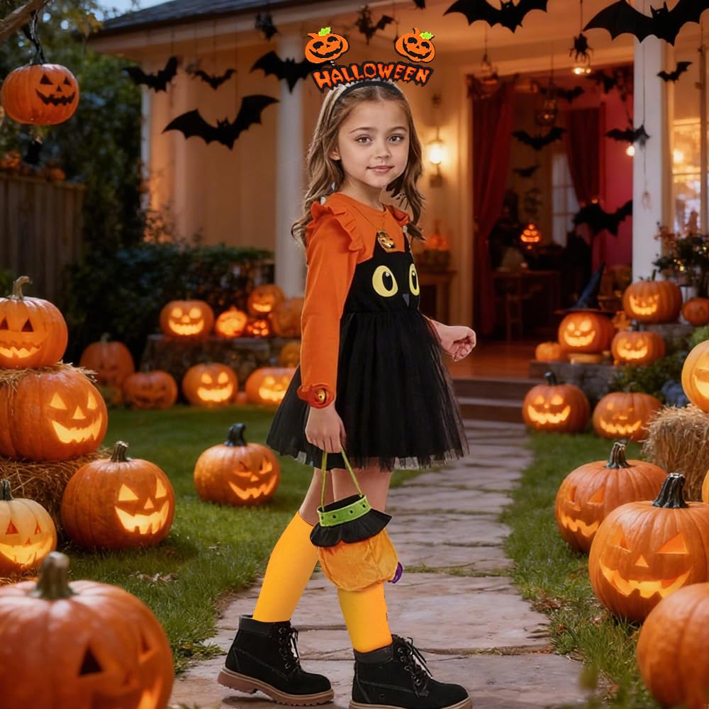 Disfraz de Calabaza para Niños, Disfraz de Halloween Niña con Bolsa de Calabaza, Disfraz de Calabaza para Bebe con calabaza Tocado, Vestido de calabaza para Halloween Carnaval Cosplay (S:18-24 meses)