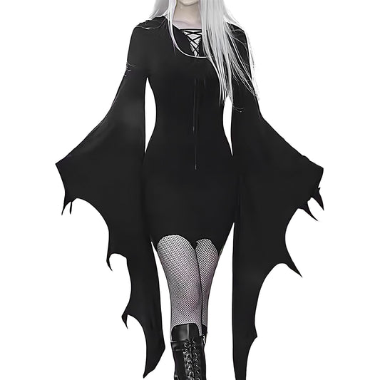 Disfraz Vestido De Murciélago Mujer,Vestido De Ala De Murciélago De Halloween | Ropa de disfraz de murciélago de Halloween - de disfraz de para mujer, vestido gótico con cordones y manga de