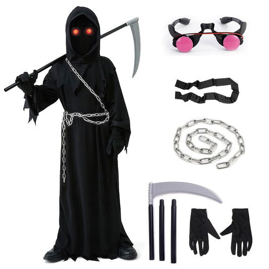 Disfraz Halloween Niño Muerte, Disfraz de la Muerte niño, Incluye Gafas Luminosas + Guadaña de la Muerte + Vadena + Guantes, Adecuado Para niños de 5 a 14 años