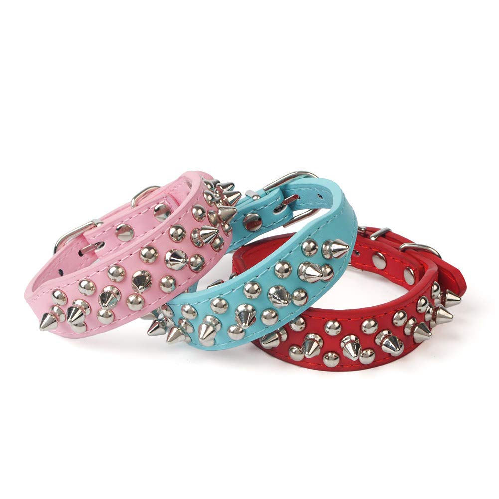 Collar de Cuero para Perro Con Pinchos y Tachuelas Ajustables (S, Azul)