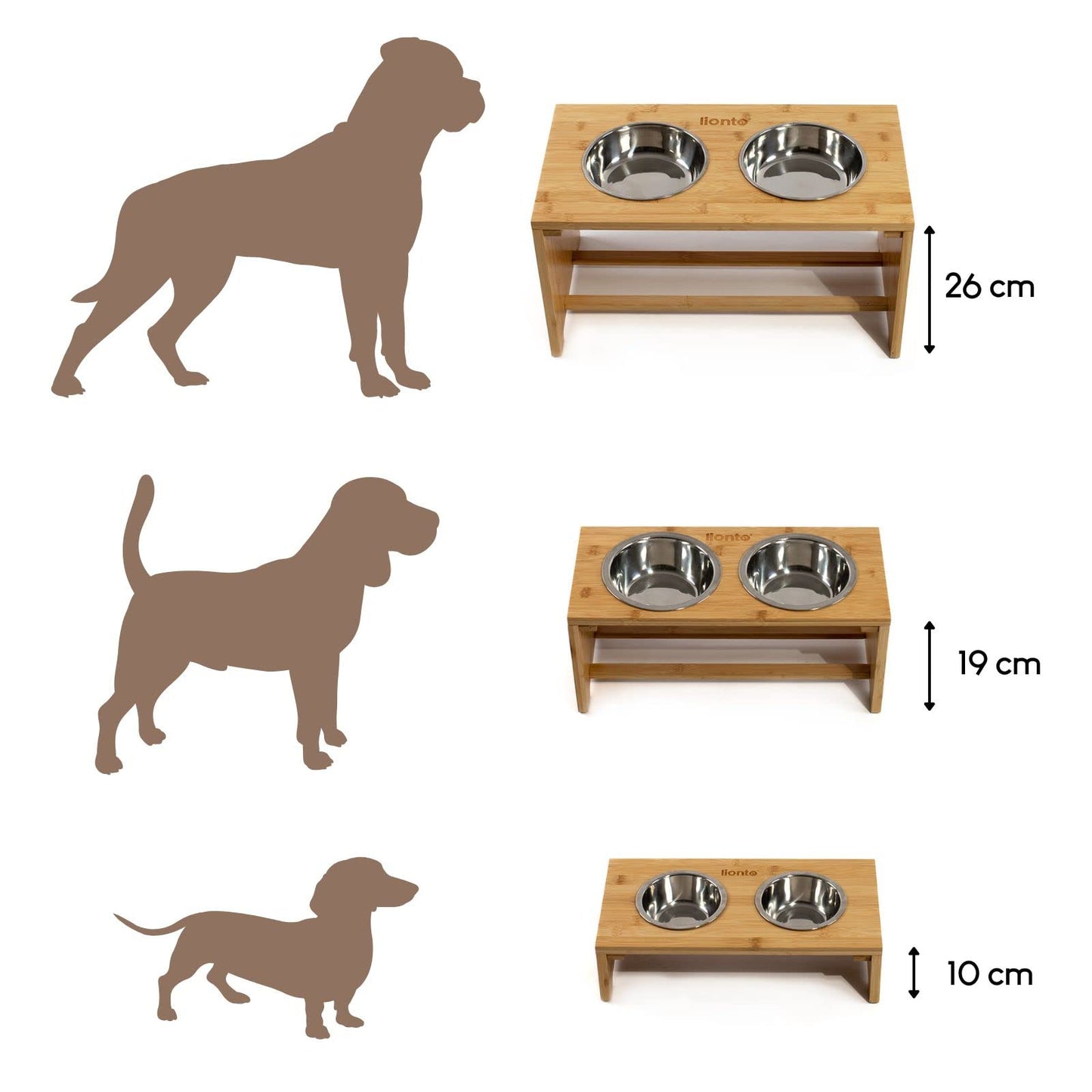lionto Comedero para Perros Elevado comedero para Perros Barra de Comida de bambú para Mascotas 2 Cuencos de Acero Inoxidable Antideslizante, (L) 50x26x26 cm