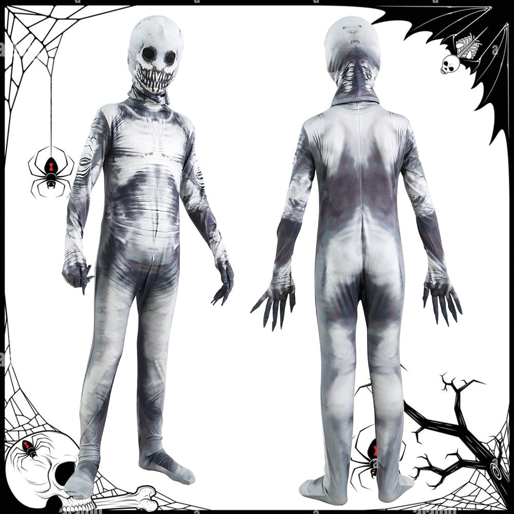 Disfraz Esqueleto Niño, Jumpsuit con Esqueleto con Máscara 3D Extraíble, Disfraz Halloween Niño, Disfraz de Esqueleto para Niños, Traje Esqueleto Niño para Halloween Carnaval Navidad, S