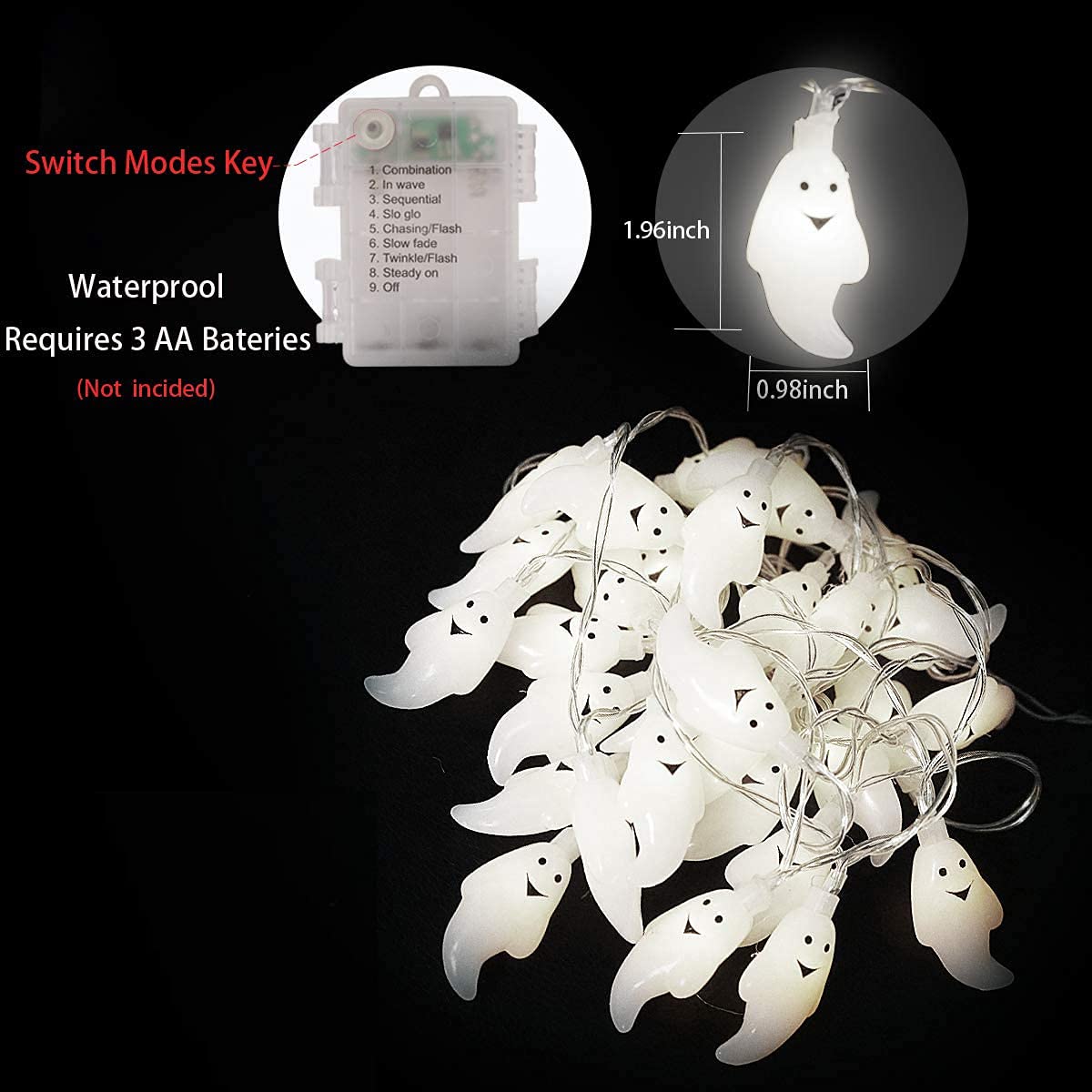 Cadena Luces Halloween, 3M 20 LEDs Luces de Decoración de Halloween,Fantasma Cadena de Luces a Batería,Fantasma String Light, Halloween led String Lights, lámpara de decoración de Halloween