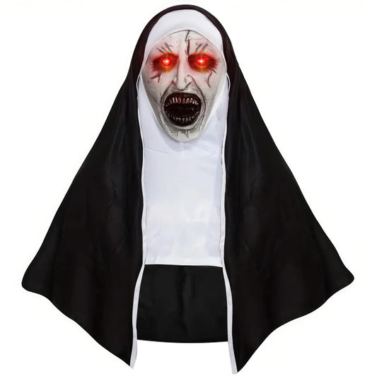 Disfraz Mascara la Monja, Mascara de la Monja Terror con Luz Roja, Mascara Latex Halloween, Adulto, Accesorios de Disfraz de Fiesta Cosplay de Halloween