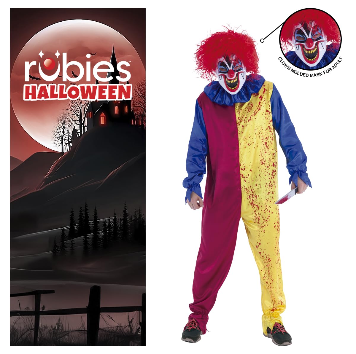 Disfraz Payaso Psycho para adulto, Jumpsuit con detalles impresos, máscara y peluca, Payaso Asesino, Oficial para Halloween, Carnaval y fiestas