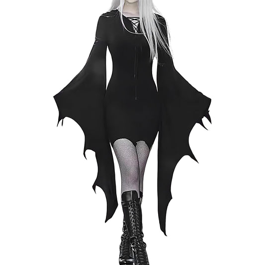 Disfraz Vestido De Murciélago Mujer,Vestido De Ala De Murciélago De Halloween, de Halloween con alas de murciélago y encaje - de disfraz de para mujer, vestido gótico con cordones y m