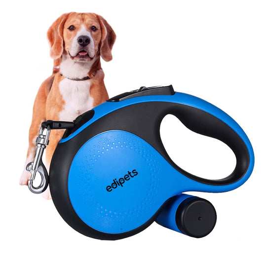Correa Perro Extensible, Retráctil, 8 Metros, Incluye Dispensador de Bolsas, Cinta Flexible para Adiestramiento y Paseo, para Perros Pequeños, Medianos y Grandes (Azul, 8 Metros)