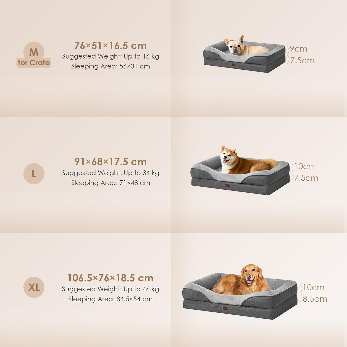 Cama Ortopedica y Viscoelastica para Perro Grande 91x68x17.5 cm, Memory Foam Sofa para Perros Lavable, Cama Gato Suave, Gris Oscuro
