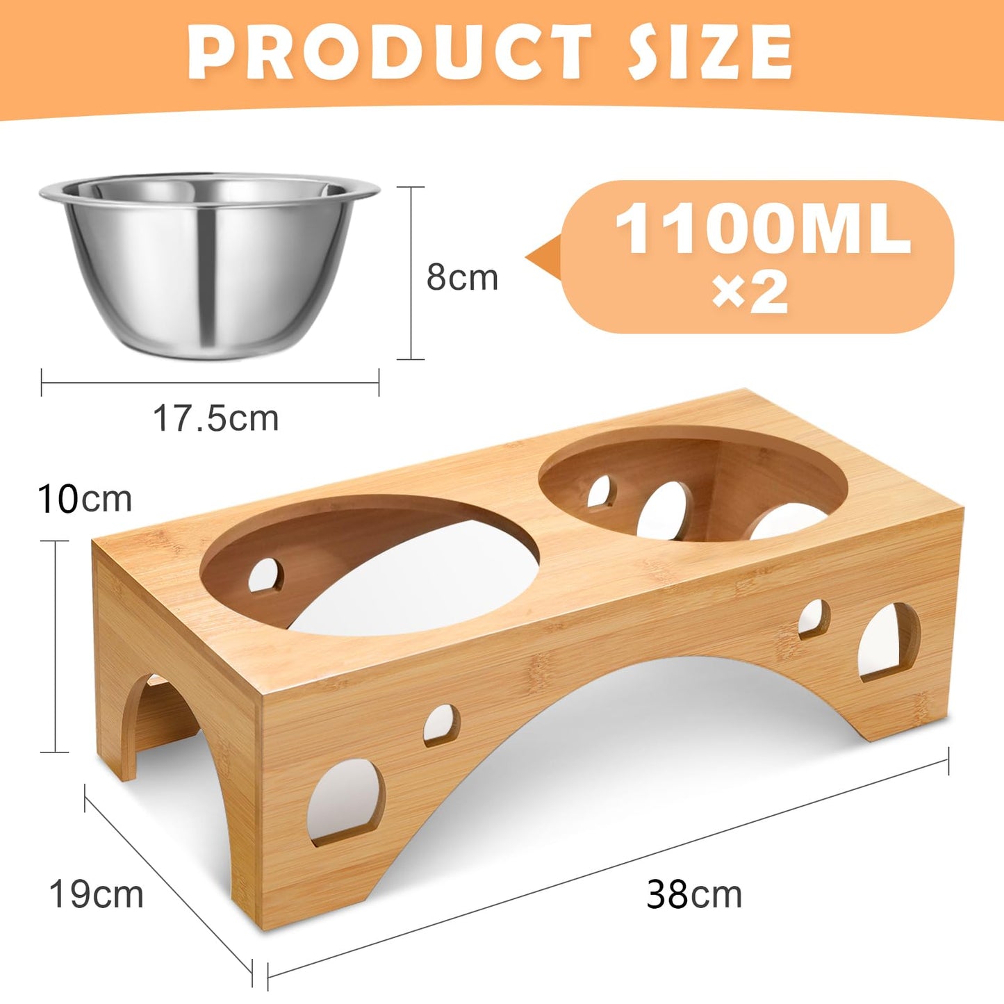MMcRRx Comedero Perro Elevado 2 * 1100ML, Plato Perro Elevado Grande de Acero Inoxidable, Comedero Doble Alto Platos con Bambú Soportes