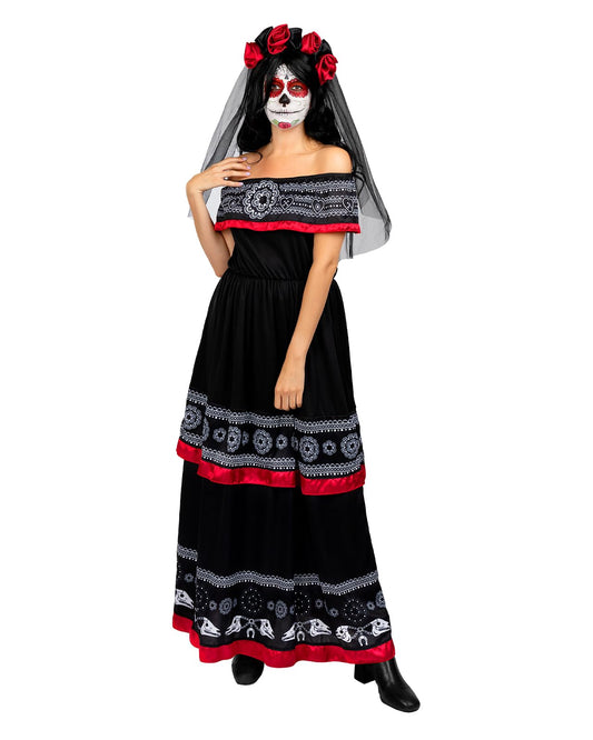 Disfraz de Catrina para mujer con diadema con flores y velo, Traje de Día de los Muertos para adultos, Disfraces de Carnaval, Halloween y Fiestas – Talla L