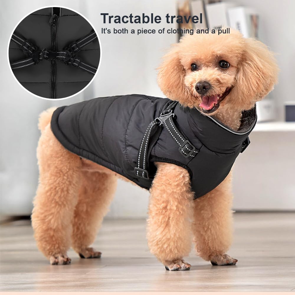 Abrigo para Perros con Arnés Integrado Y Correa Reflectante Chaqueta Impermeable para Mascotas Ropa De Invierno para Perros Pequeños Y Medianos Abrigo Cálido Y Ajustable para Mascotas(S)