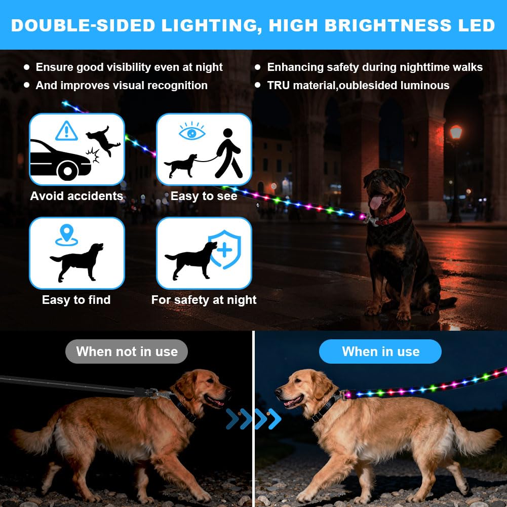 Correa led para Perros 1.2 M, Correa Reflectante Recargable, con 12 Modos Luz, Recargable USB, Ideal para Paseos Nocturnos con Mascotas Grandes Medianas Pequeñas