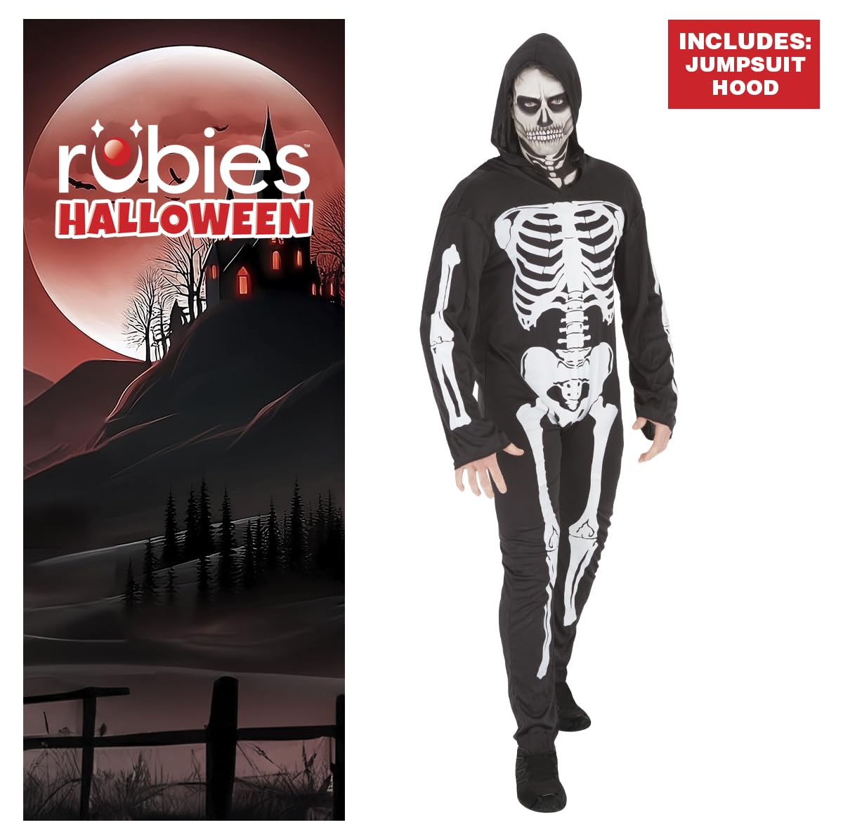 Disfraz Esqueleto para Adulto, Jumpsuit Impreso con Capucha, Oficial Rubies para Halloween, Carnaval, Fiestas, Cumpleaños