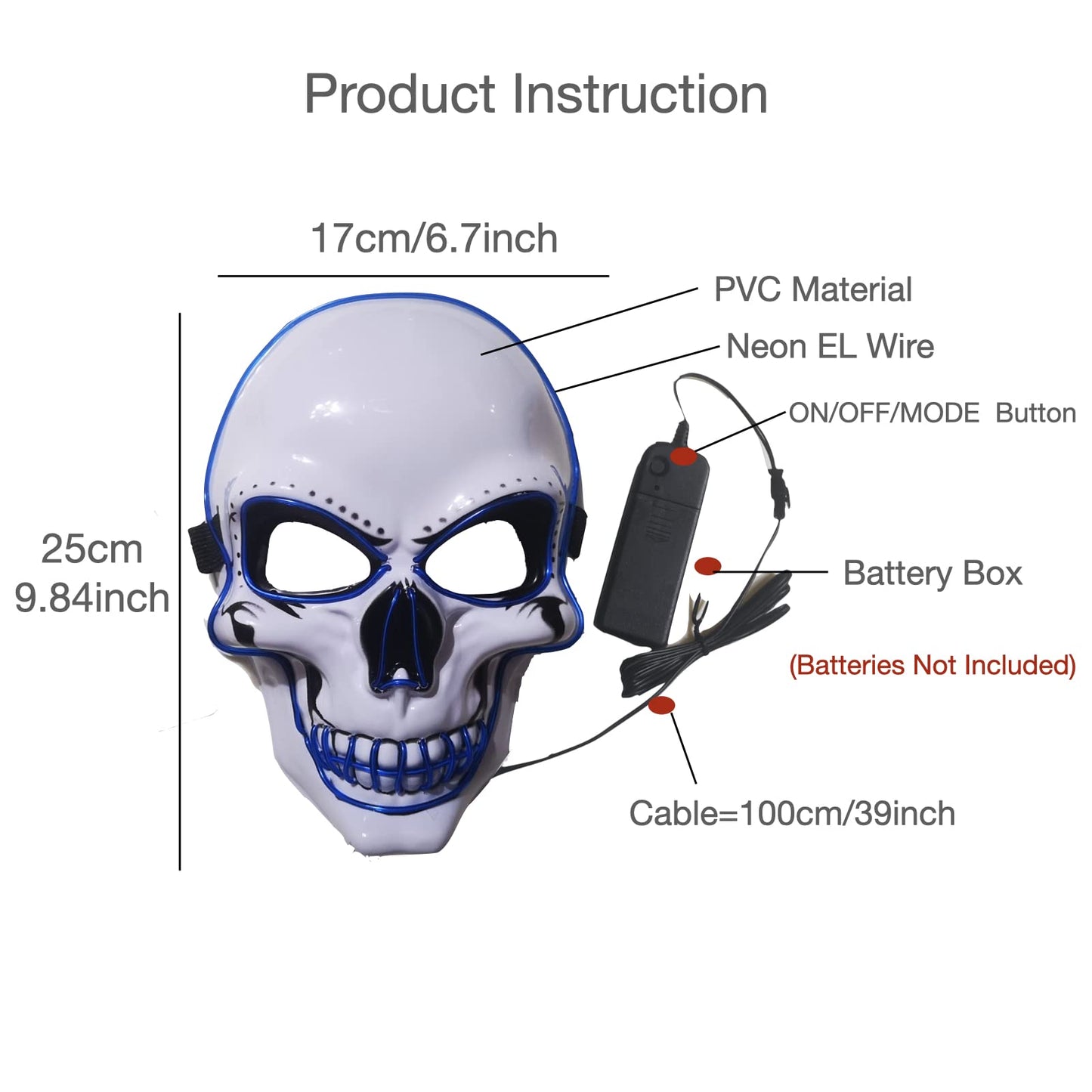SOUTHSKY LED Maschera Cranio Faccia Maschera Luminosa Maschera Notte Luce Neon EL Light Up for Halloween Costume Cosplay Party (Azul)