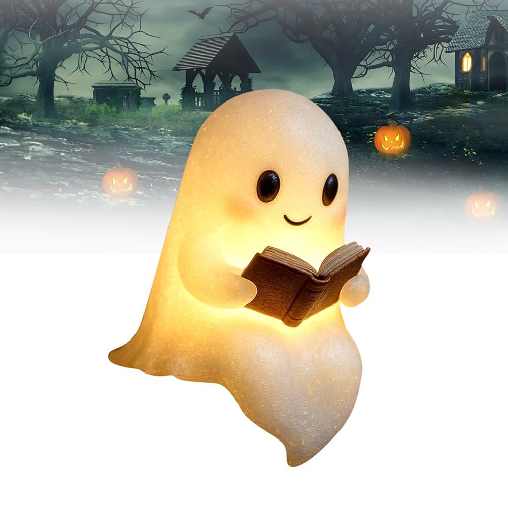 Lámpara de libro de lectura fantasma hecha a mano, luz nocturna de Halloween suave y brillante, decoración LED fantasma portátil para dormitorios, salas de estudio y lectores, bonito regalo de luz de