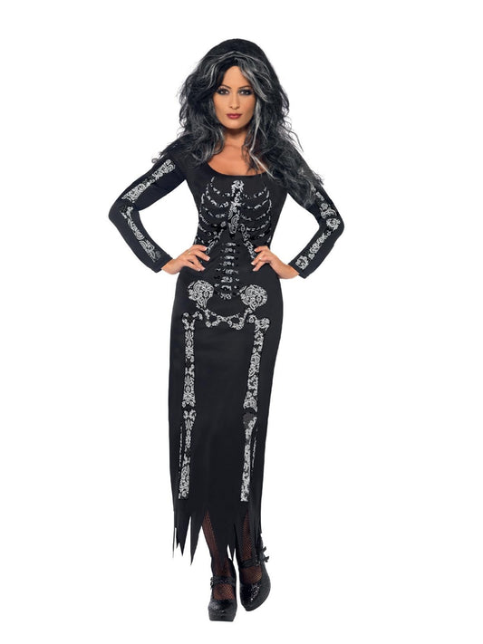 Disfraz de esqueleto, Negro, con vestido ceñido de manga larga Halloween