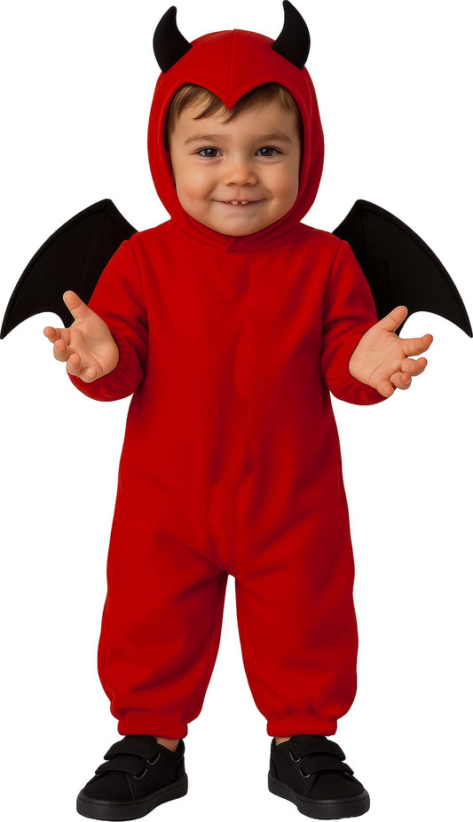 Disfraz de Pequeño Demonio Bebé (12-18 Meses) - Alas, Capucha y Mono - Disfraces de Halloween, Diablos y Demonios para Fiestas de Disfraces - Ideal para Bebés Niños - Rojo y Negro