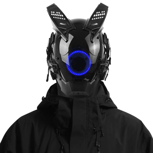 Marikito Casco punk con luz LED azul y kit de colgante DIY – Media máscara para disfraces Techwear, máscara eléctrica con detalles de neón y estilo DJ