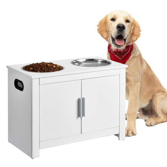 VEVOR Estación de Alimentación 60x30x44 cm Comedero Elevado para Perros con 2 Cuencos de Acero Inoxidable Armario de Madera para Comida para Mascotas con Puerta Doble para Perros Grandes, Blanco