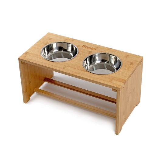 lionto Comedero para Perros Elevado comedero para Perros Barra de Comida de bambú para Mascotas 2 Cuencos de Acero Inoxidable Antideslizante, (L) 50x26x26 cm