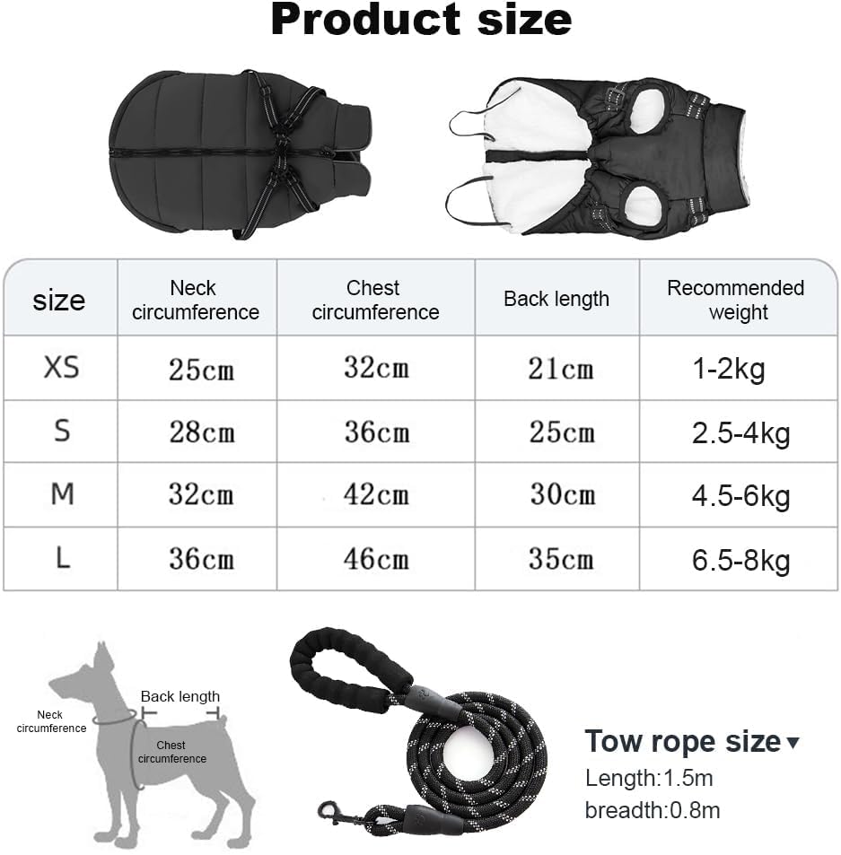 Abrigo para Perros con Arnés Integrado Y Correa Reflectante Chaqueta Impermeable para Mascotas Ropa De Invierno para Perros Pequeños Y Medianos Abrigo Cálido Y Ajustable para Mascotas(S)