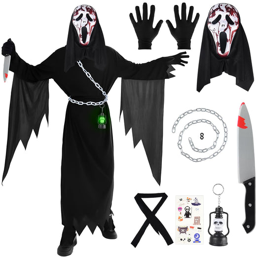 Disfraz Scream para Niños Halloween Scream Costume con Máscara Ghostface y Cuchillo de Juguete Sangriento, Disfraces Halloween de la Película de Terror (100)