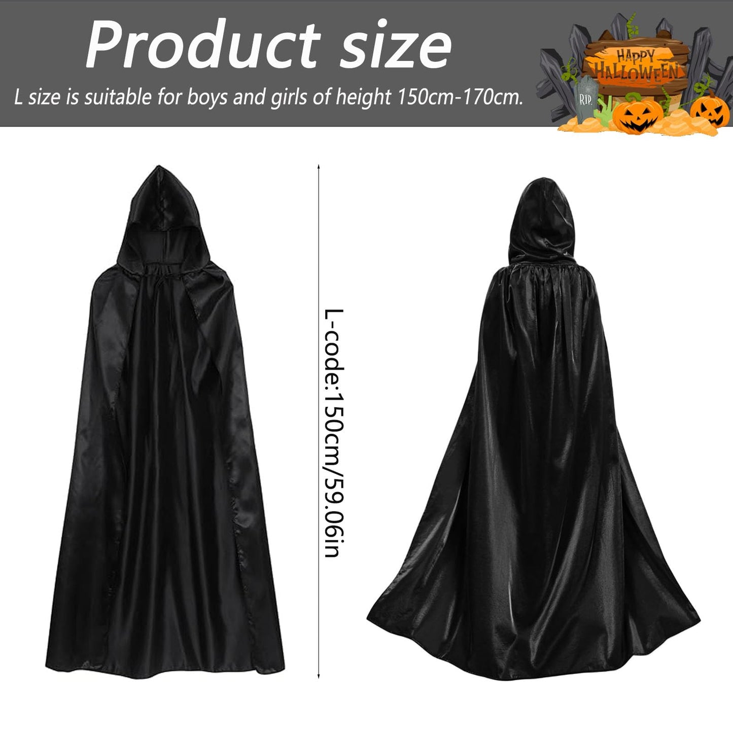 Disfraz Halloween,Largo Capa con Capucha,Capas de Halloween para Adultos/Niños, Capa Disfraz Halloween, para Halloween, Carnaval, Mascarada（150）
