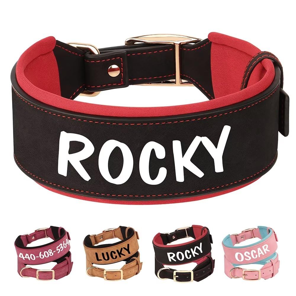PET ARTIST Collar De Perro Grande De Cuero Personalizado De Gama Ancha - Collar De Perro Grande Acolchado Suave Y Grueso, Tamaño De Perro Grande Mastín Rottweiler, Negro XL