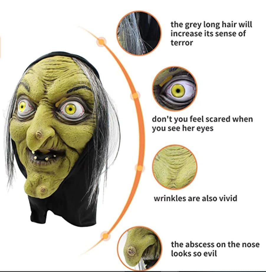 Disfraz Vieja Bruja Máscara - Halloween Scary Horror Cosplay Costume, Adulto, Accesorio, Máscaras de Látex, Disfraz, Brujas, Carnaval, Fiesta temática, Halloween