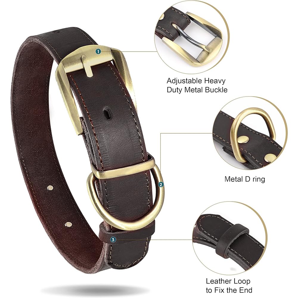 Collares para Perro de Piel auténtica con Placa de Nombre grabada, Collar de Perro de Cuero Suave Personalizado con Etiqueta de identificación Personalizada Marrón