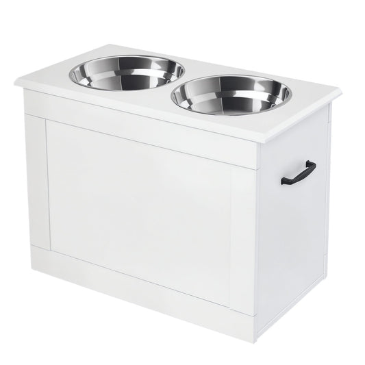 Comedero Perro Elevado con 2 Cuencos de Acero Inoxidable 2x2000 ml Comedero Elevado para Perros Grandes con Tapa Abatible y Almacenamiento Oculto Blanco
