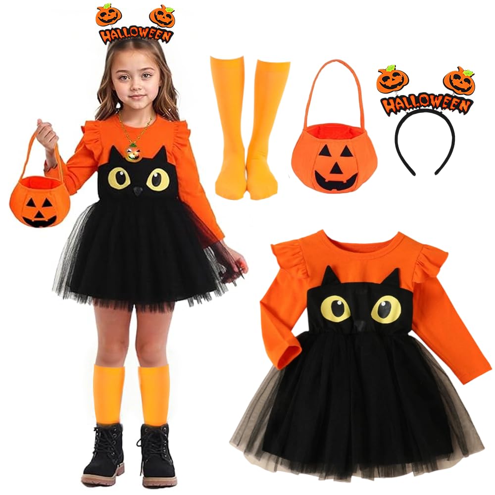 Disfraz de Calabaza para Niños, Disfraz de Halloween Niña con Bolsa de Calabaza, Disfraz de Calabaza para Bebe con calabaza Tocado, Vestido de calabaza para Halloween Carnaval Cosplay (S:18-24 meses)