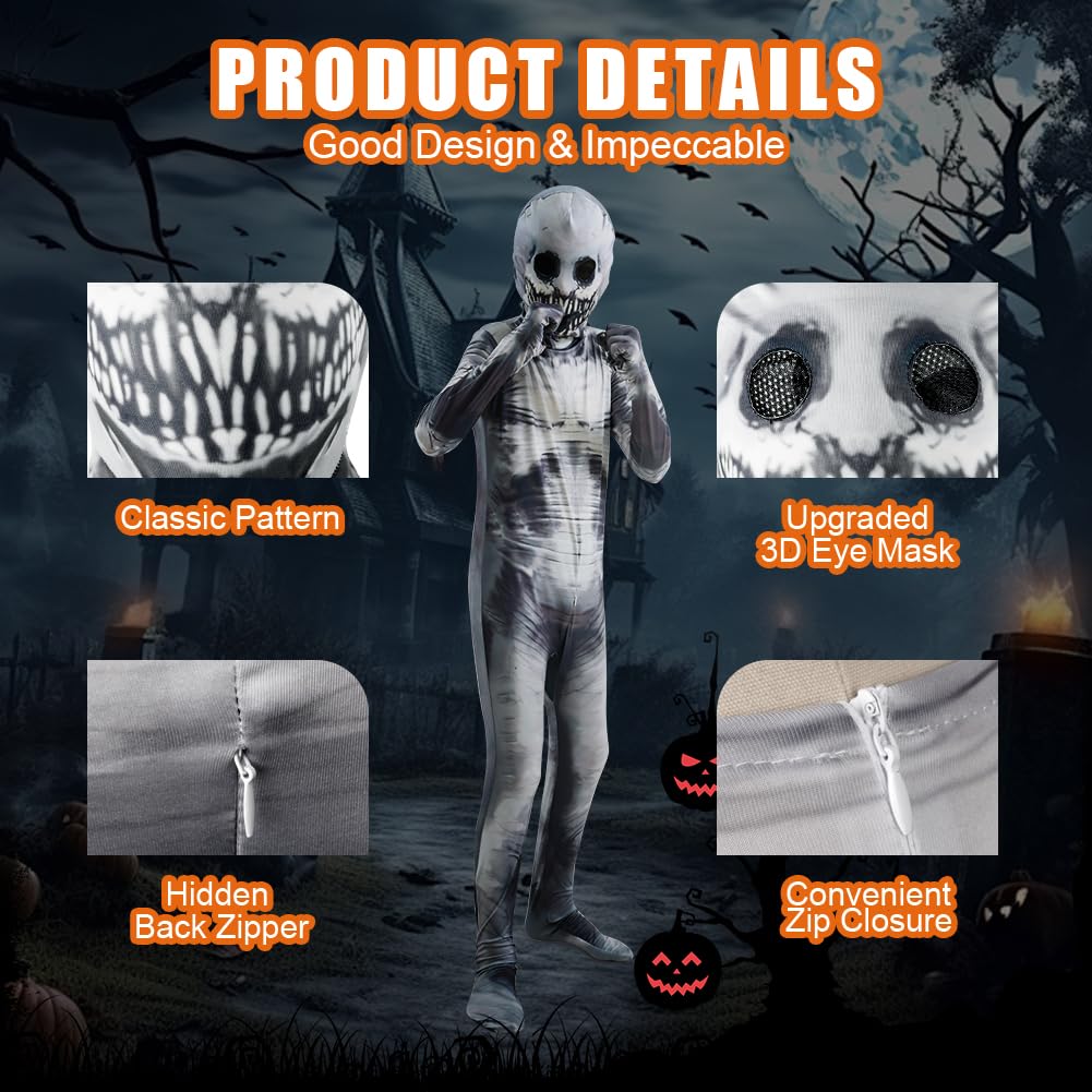 Disfraz Esqueleto Niño, Jumpsuit con Esqueleto con Máscara 3D Extraíble, Disfraz Halloween Niño, Disfraz de Esqueleto para Niños, Traje Esqueleto Niño para Halloween Carnaval Navidad, S