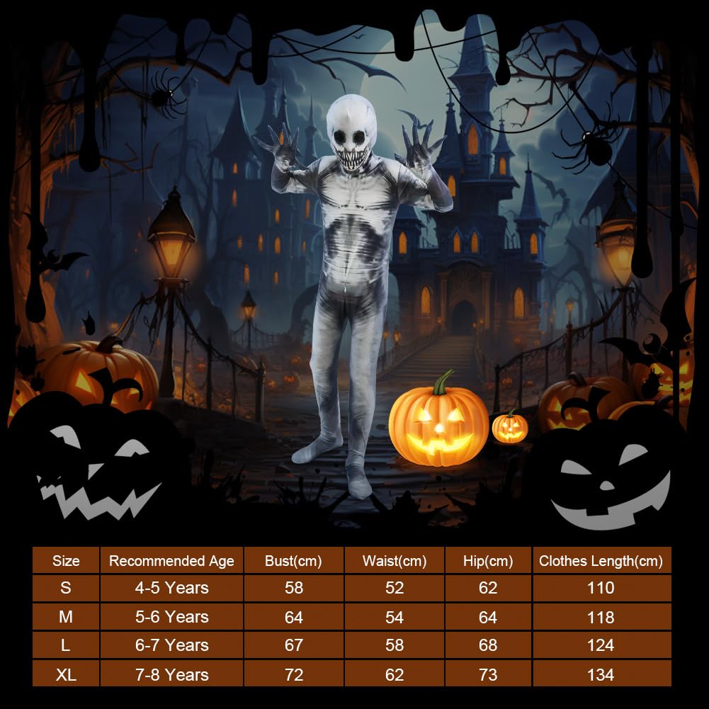 Disfraz Esqueleto Niño, Jumpsuit con Esqueleto con Máscara 3D Extraíble, Disfraz Halloween Niño, Disfraz de Esqueleto para Niños, Traje Esqueleto Niño para Halloween Carnaval Navidad, S